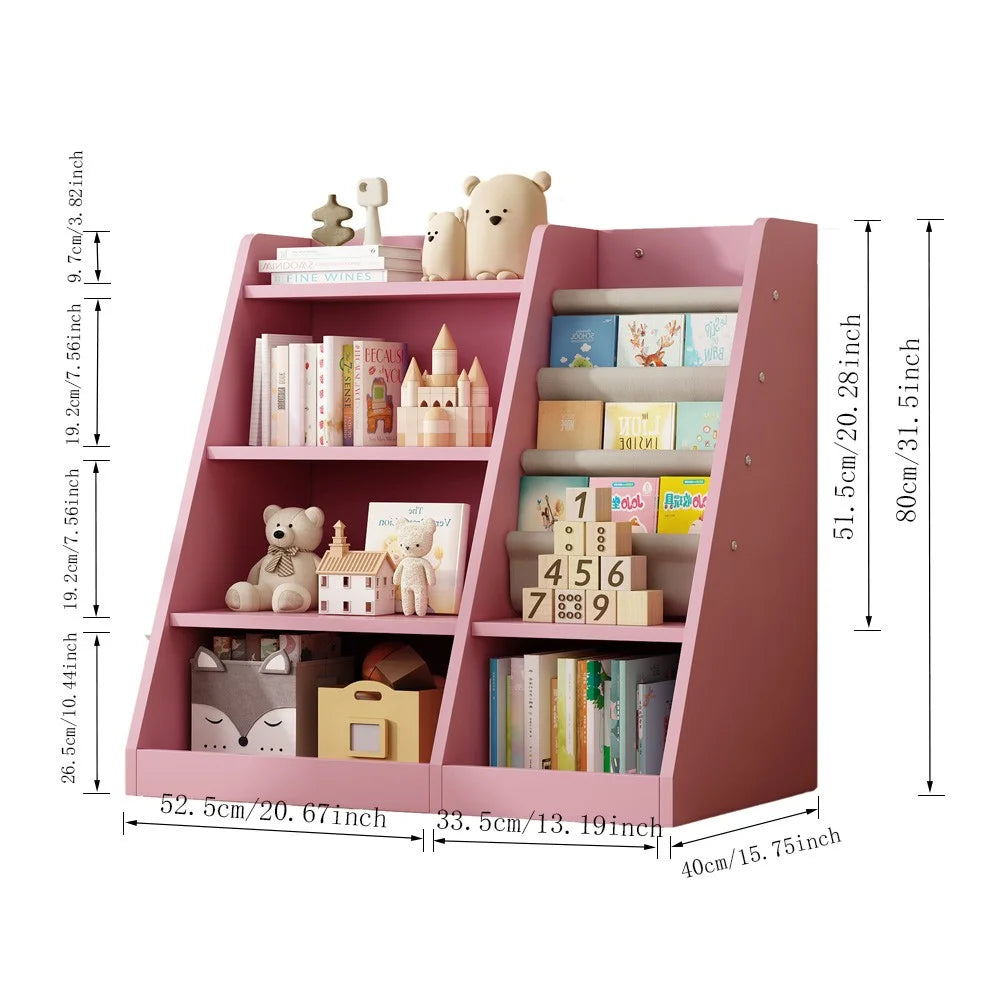 IVV Bibliothèque Montessori pour enfants, Bibliothèque moderne en bois à 4 niveaux, Étagère à livres et jouets pour enfants, Support d’étagère en tissu, Pour salle de classe, chambre, chambre de bébé ou salle de jeux (Rose)