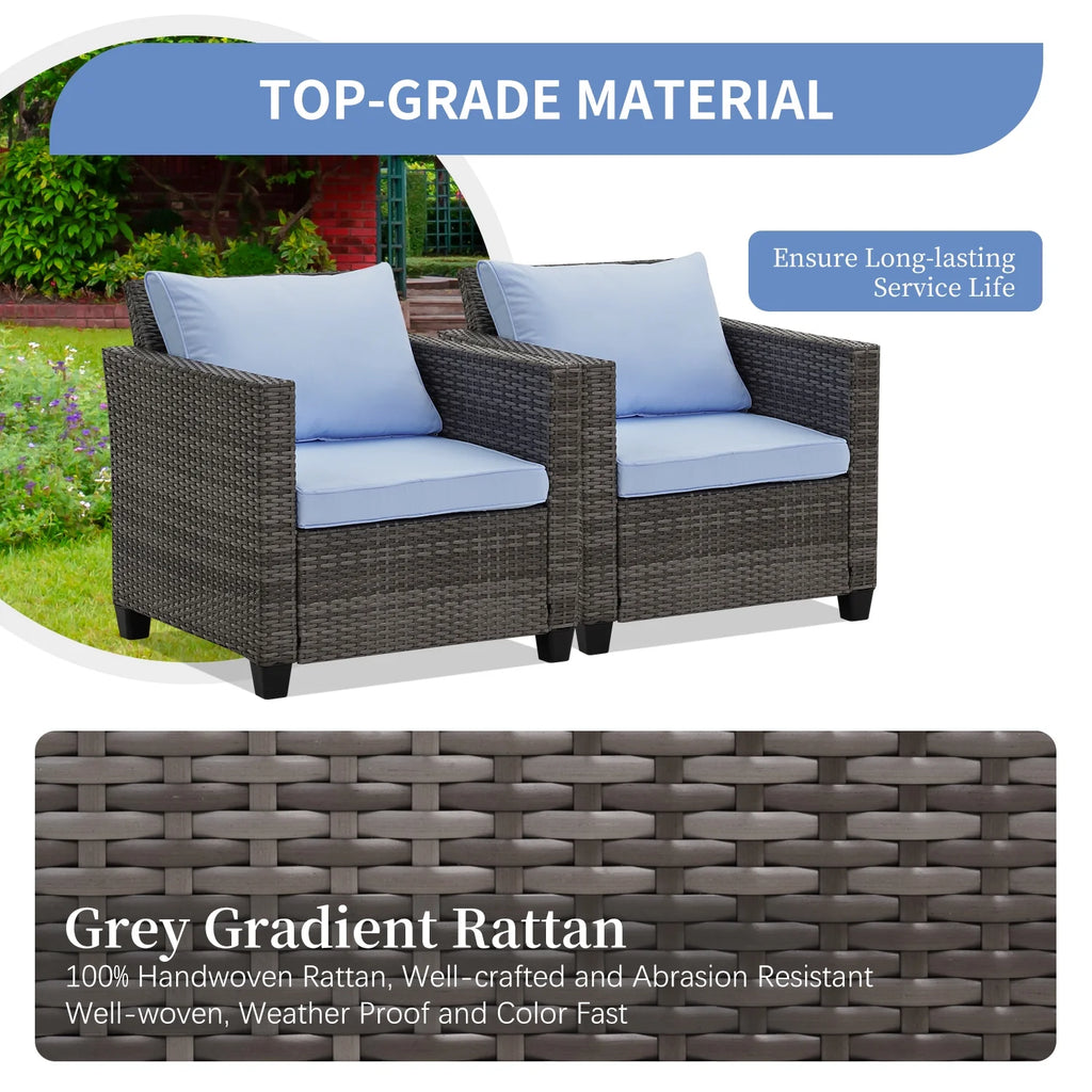 Salon de jardin Ainfox 7 pièces en promotion, canapé en rotin gris avec coussins gris