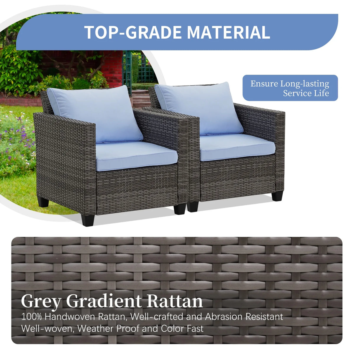 Salon de jardin Ainfox 7 pièces en promotion, canapé en rotin gris avec coussins gris