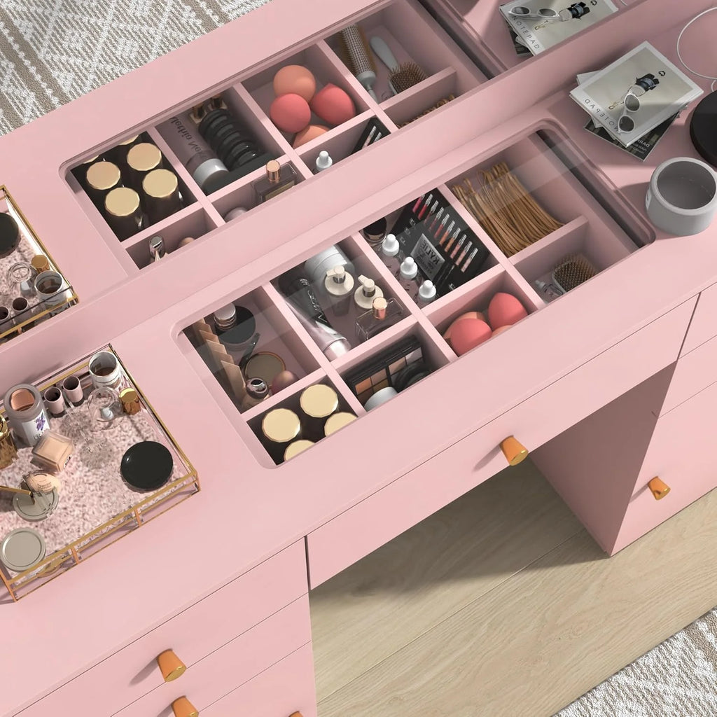 Coiffeuse blanche avec grand miroir lumineux et prise électrique, table de maquillage avec plateau en verre et tiroirs, rangement coulissant, grande coiffeuse de maquillage de 44,1 pour femmes et filles, blanche
