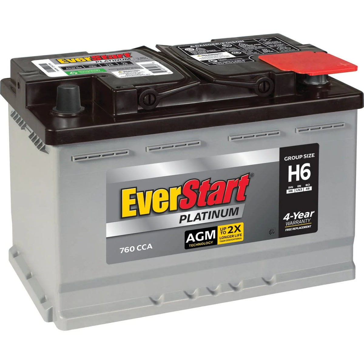 Batterie automobile EverStart Platinum AGM, Groupe H6 / LN3 / 48, 12 volts, 760 CCA, avec bornes de batterie à plot supérieur revêtues d’époxy