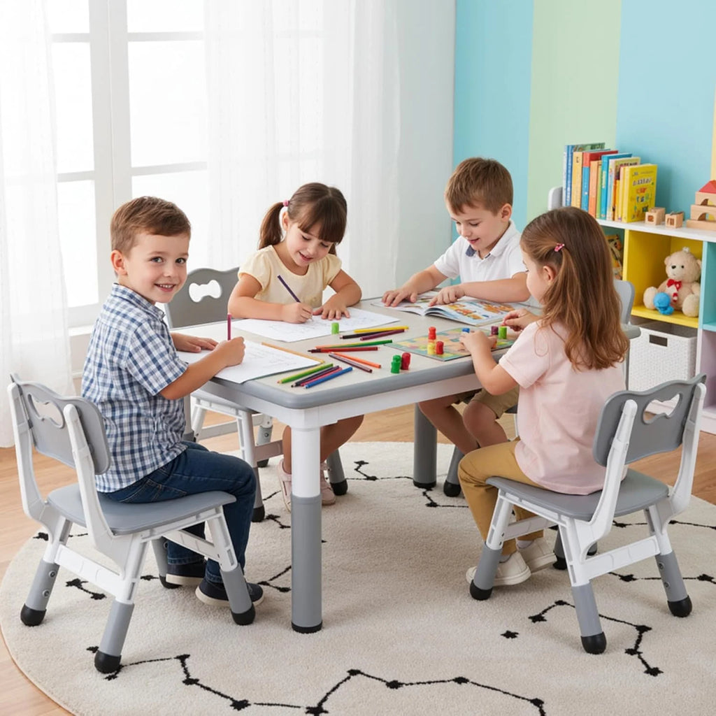 Ensemble table et 4 chaises pour enfants LAZY BUDDY, bureau réglable en hauteur pour tout-petits avec plateau graffiti, ensemble de table d’activités pour enfants pour crèche et maison