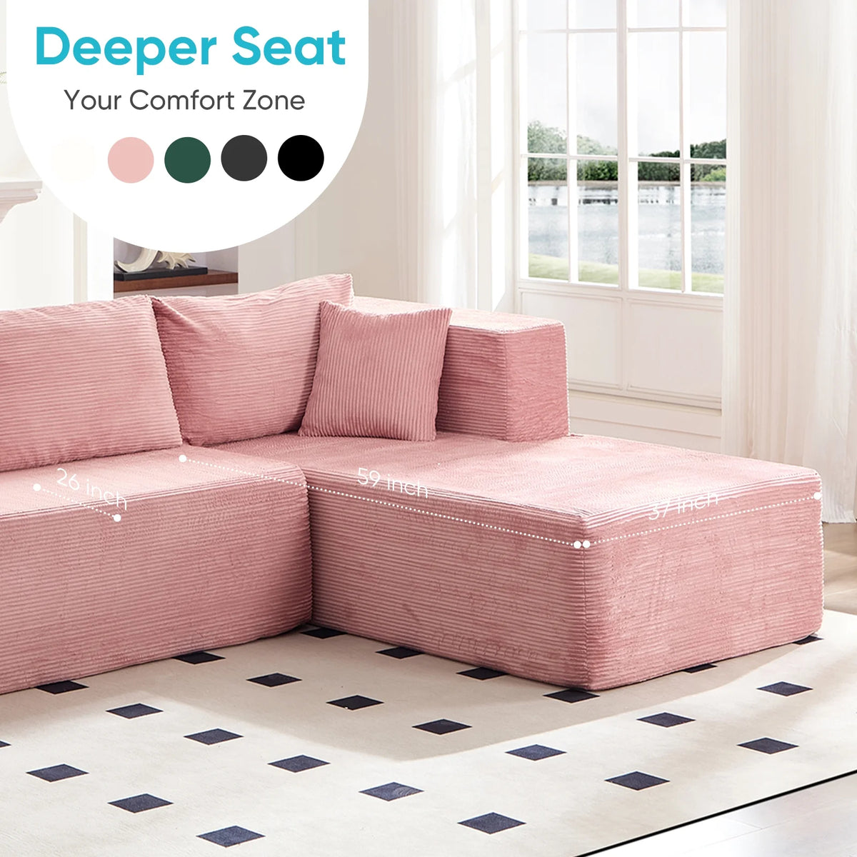 Canapé d’angle ZAFLY 106 Cloud avec méridienne, sans assemblage, canapé-lit en L, canapé modulable surdimensionné à assise profonde pour salon – droite, noir