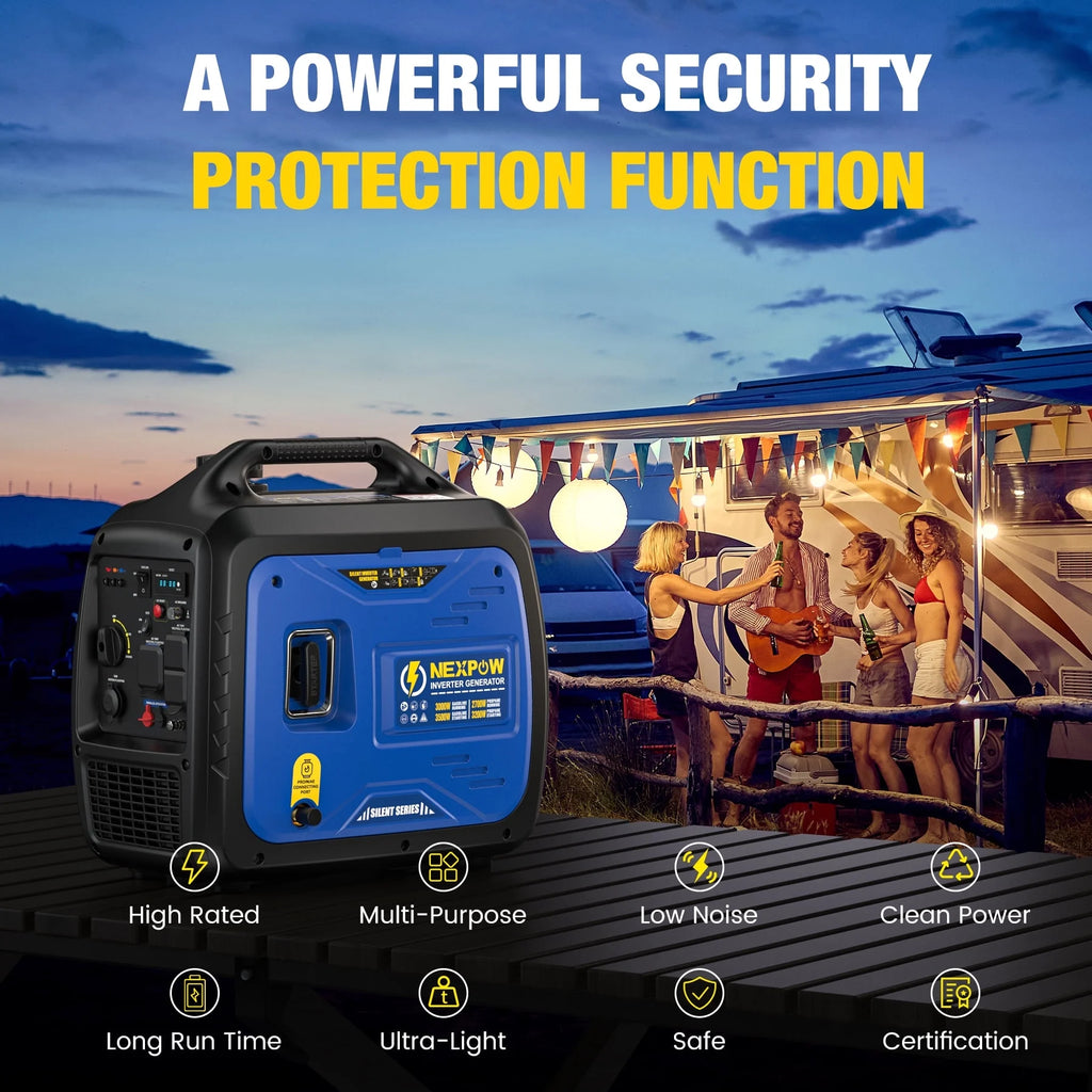 Génératrice portable avec onduleur NEXPOW 3000 W, légère et à essence, pour alimentation de secours à la maison et au camping, mode éco, couplage en parallèle, protection contre les surcharges