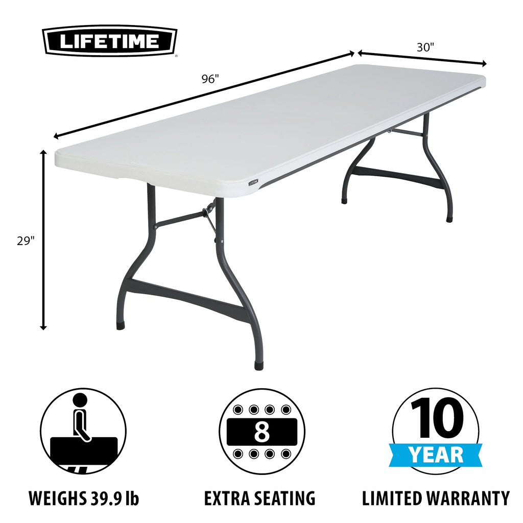 Lifetime (4) tables rectangulaires empilables de 8 pieds et (32) chaises, ensemble intérieur/extérieur de qualité commerciale, granit blanc (80410)