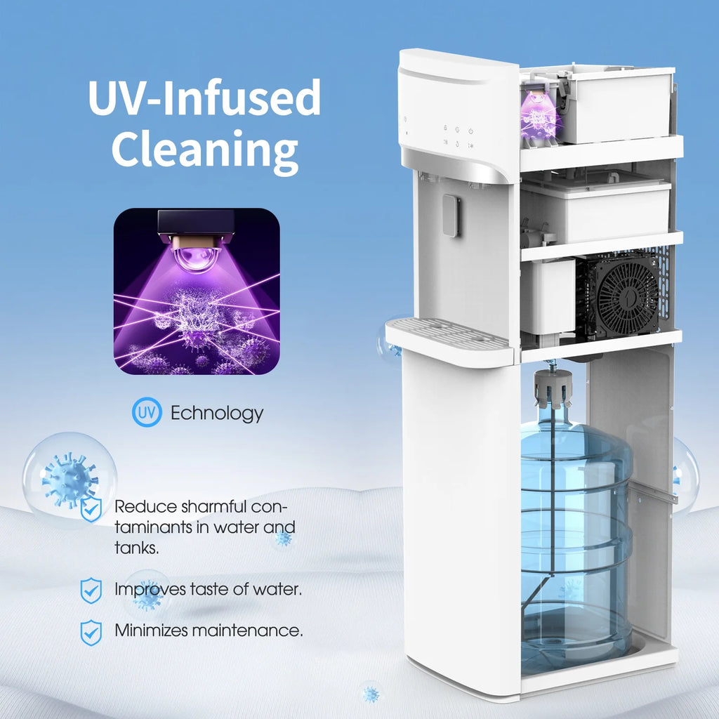 SOOPYK Distributeur d’eau chaude et froide 3-en-1 avec machine à glaçons à chargement inférieur pour bonbonne de 3 ou 5 gallons, capacité quotidienne de 22 lb, glaçons en forme de balle, noir