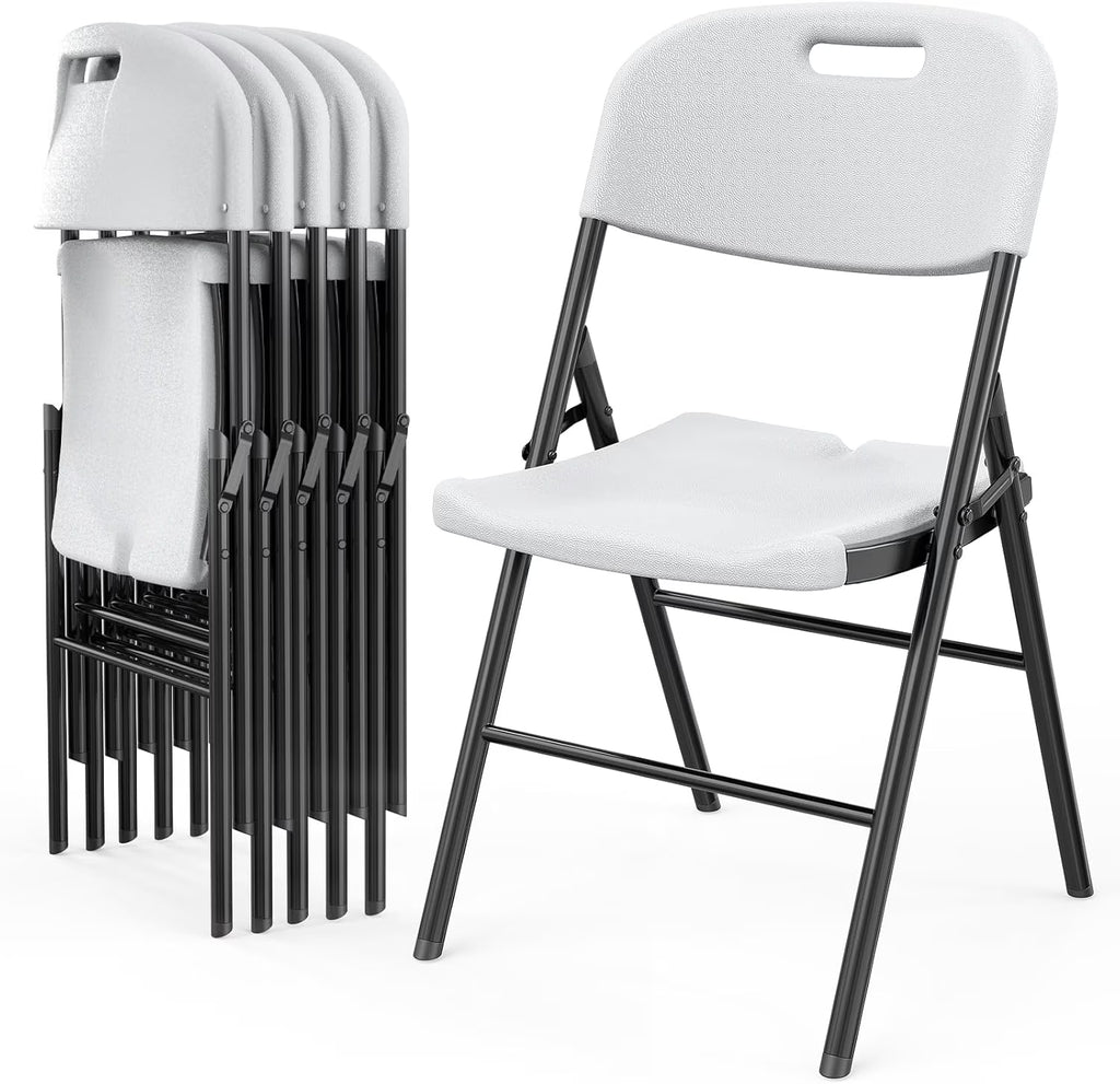 DYUKFG Chaises pliantes, Chaise pliable robuste Assise en plastique HDPE portable avec cadre en acier pour salle à manger intérieure et extérieure Fête mariage École, Blanc, Lot de 6