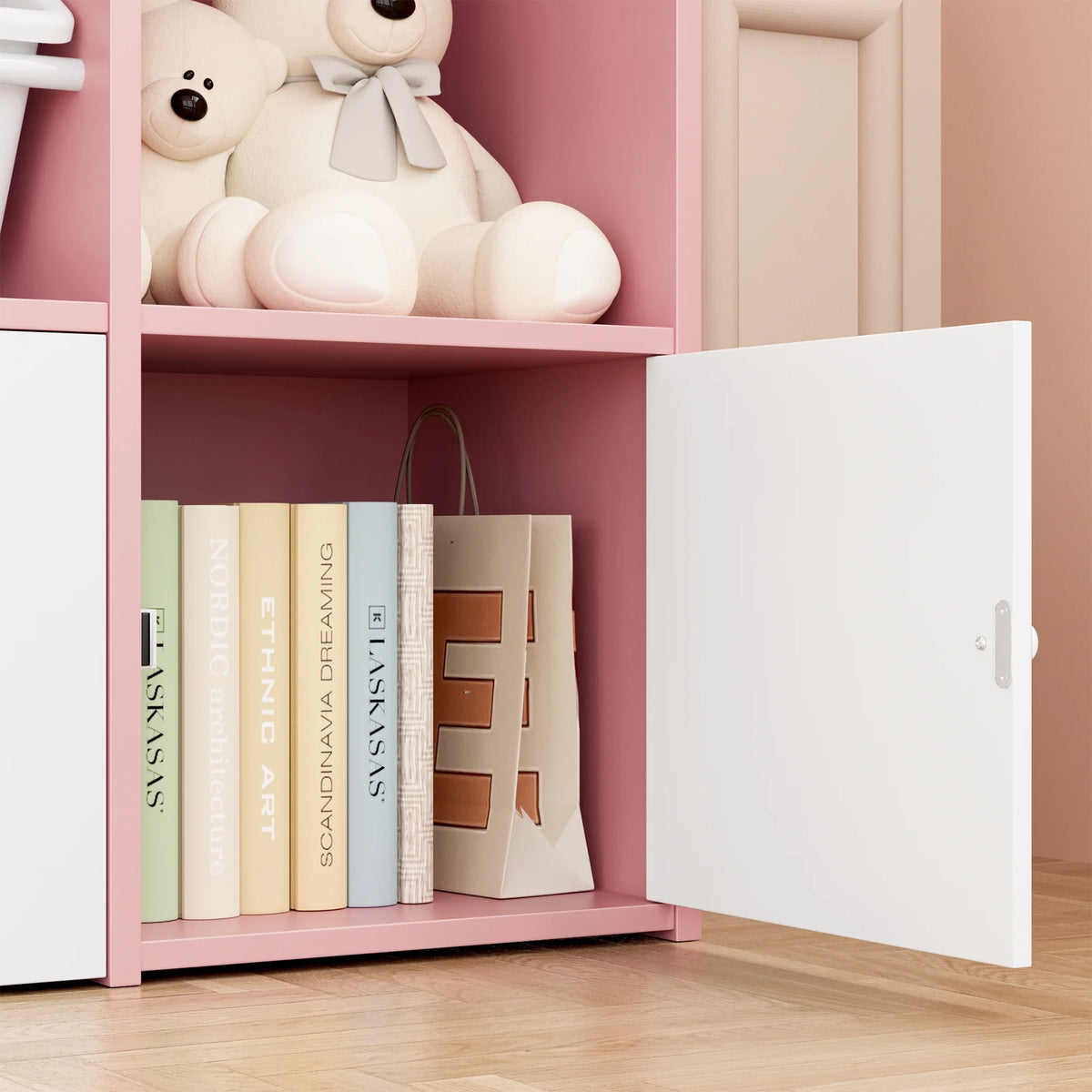 Hiphuta Bibliothèque et Meuble de Rangement pour Jouets pour Enfants, Organisateur en Bois avec 4 Paniers et 2 Tiroirs Amovibles pour la Maison et la Chambre, Étagère à Livres pour Enfants avec Bac à Jouets et Support à Livres, Blanc
