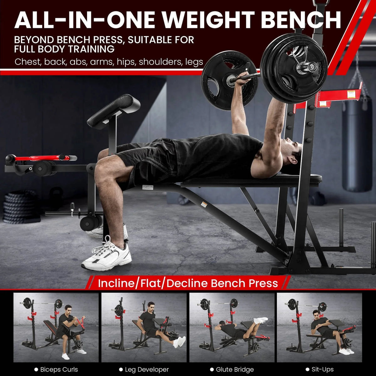 VIBESPARK Banc de musculation à charges réglables 900 LBS Ensemble de banc de musculation olympique avec rack à squats, pupitre à biceps, extension des jambes Banc d’exercice pour tout le corps et développé couché pour salle de sport à domicile