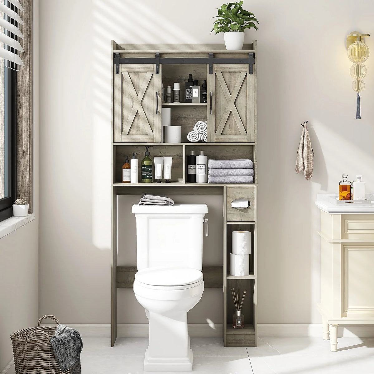 Meuble de rangement au-dessus des toilettes, meuble de rangement de style maisonnette au-dessus des toilettes avec portes coulissantesÉtagère de rangement gain de place pour toilettes, pour salle de bains, toilettes, buanderie