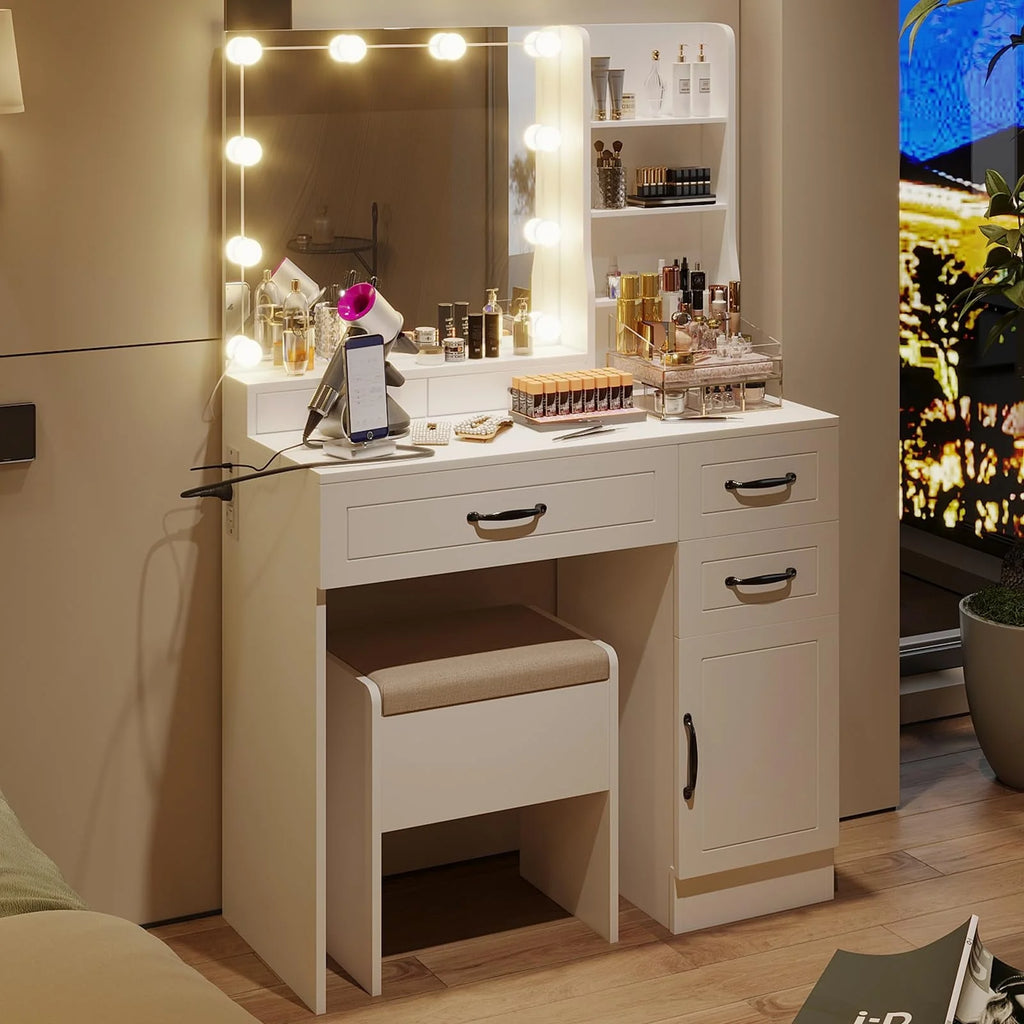 Coiffeuse RichYa avec miroir lumineux, prise électrique, tiroirs et armoire pour chambre à coucher, blanc