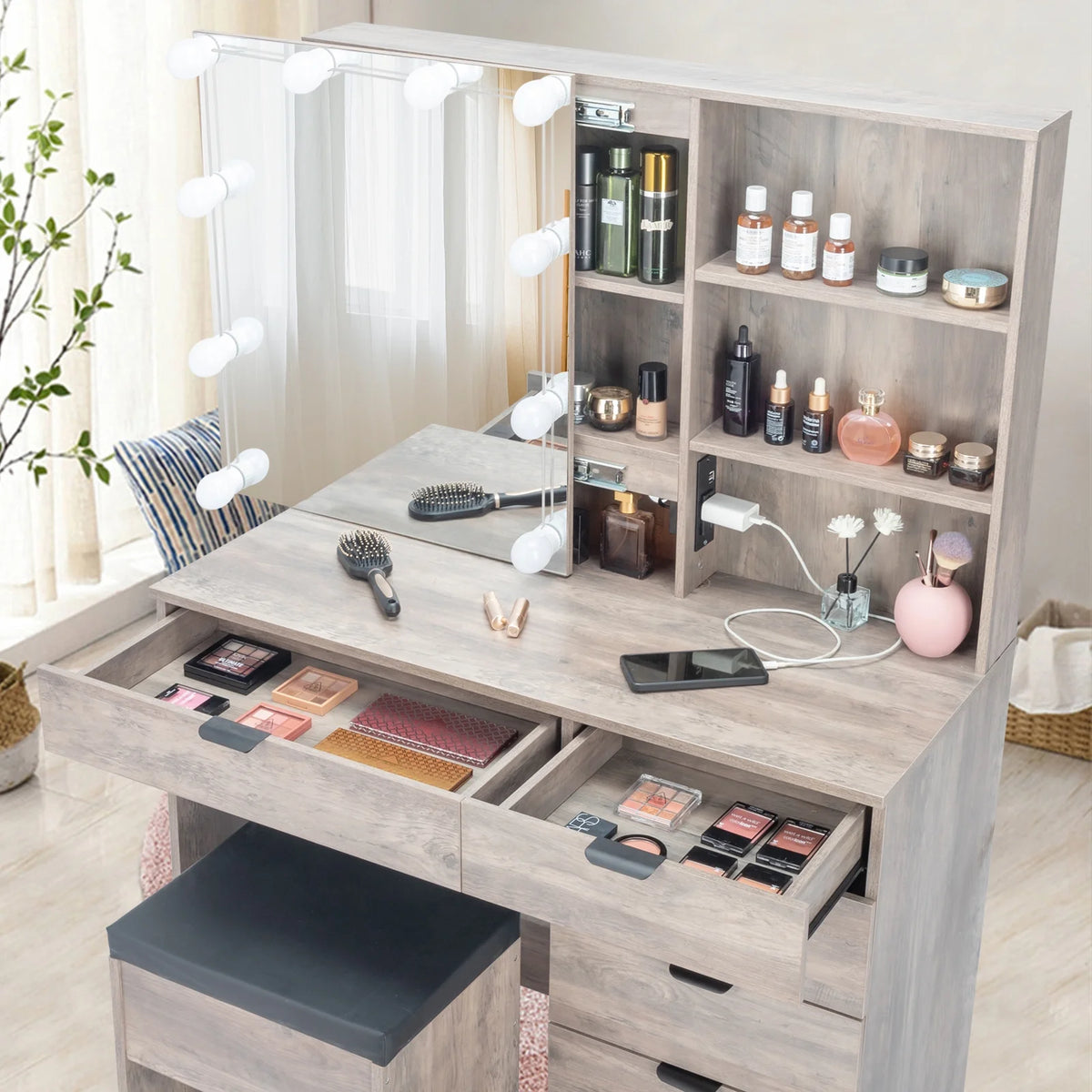 Coiffeuse Ktaxon avec miroir éclairé à 3 couleurs & station de charge, table de maquillage avec 3 étagères de rangement & tiroirs, bureau de toilette avec tabouret, gris rétro