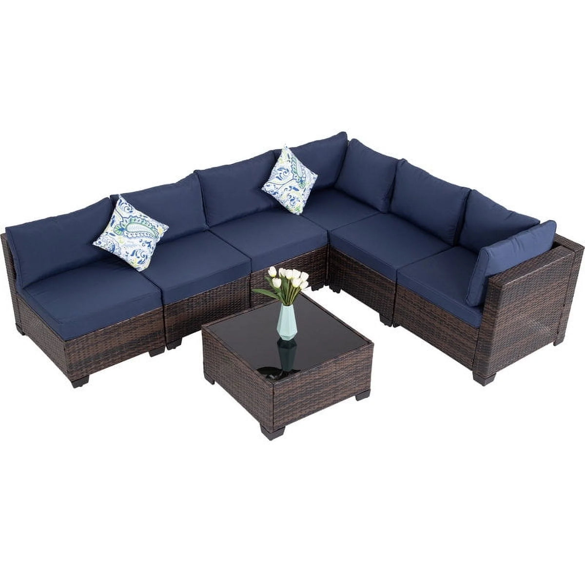 Salon de jardin Ainfox 7 pièces en promotion, canapé en rotin gris avec coussins gris