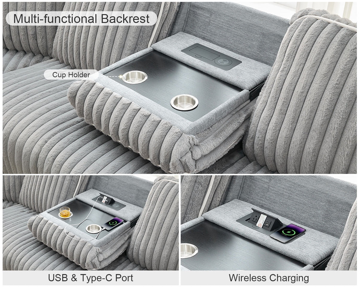 Canapé d’angle inclinable électrique avec chargeur sans fil, 6 places en fausse fourrure avec fauteuils inclinables, porte-gobelets dissimulés, console de rangement, ports USB et Type-C, noir