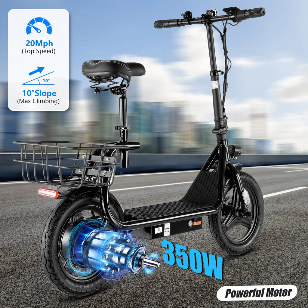 Trottinette électrique SANOPY 350 W avec siège pour adultes, autonomie de 24 km, vitesse de 32 km/h, cyclomoteur avec batterie 36 V 5,2 Ah, vélo électrique urbain avec gros pneus de 14 pouces et amortisseurs, noir