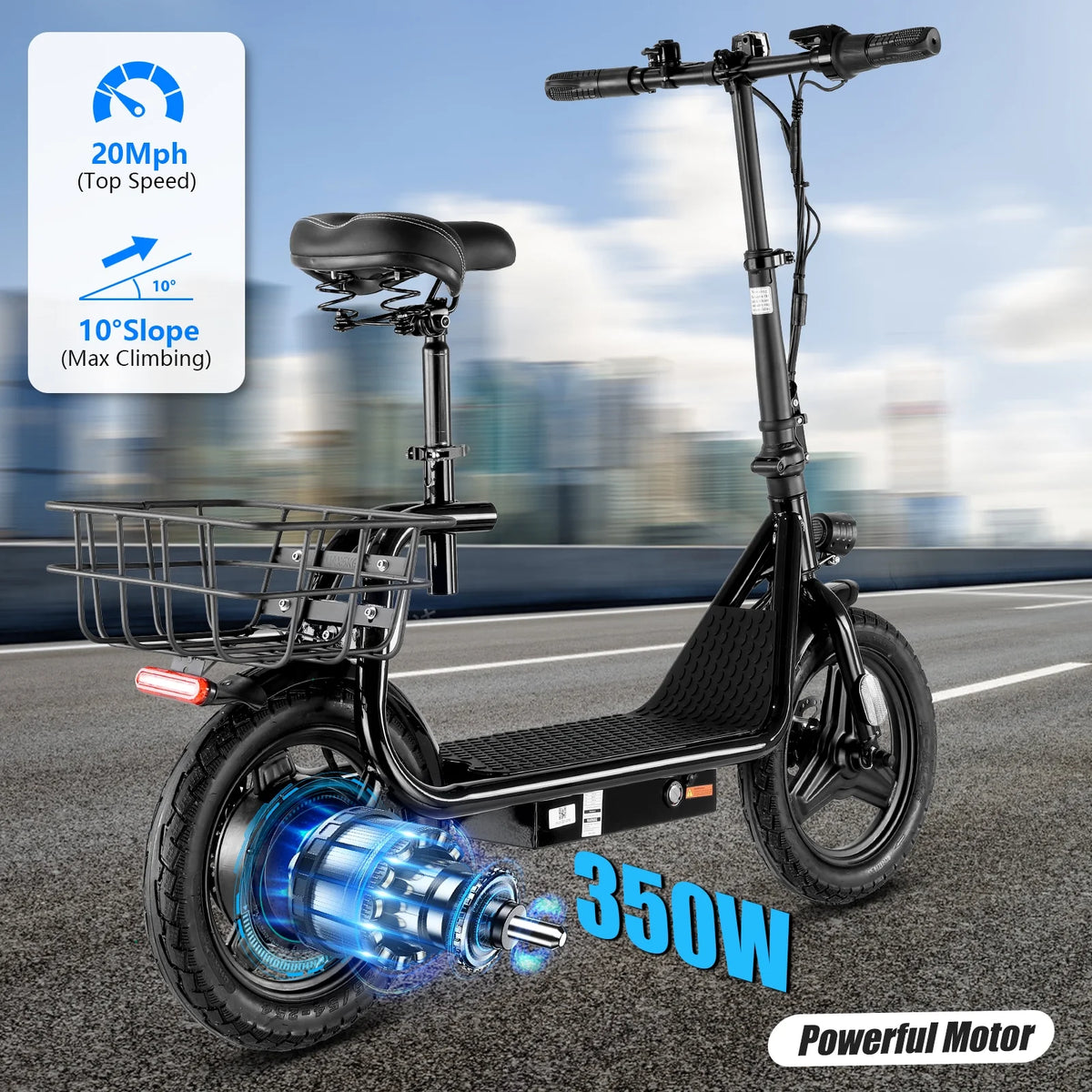 Trottinette électrique SANOPY 350 W avec siège pour adultes, autonomie de 24 km, vitesse de 32 km/h, cyclomoteur avec batterie 36 V 5,2 Ah, vélo électrique urbain avec gros pneus de 14 pouces et amortisseurs, noir