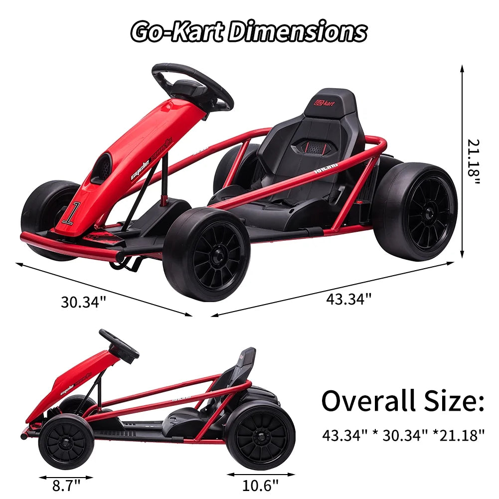 Kojooin Karting pour enfants, Batterie 24V Moteurs 300WX2 Karting à pédales à pied, Voiture de dérapage haute vitesse 8MPH avec fonction de démarrage progressif, Rouge rose