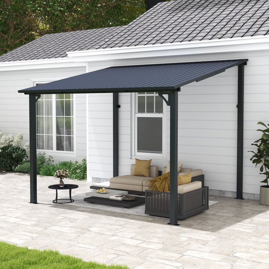 Tonnelle Pergola d'Extérieur 8' x 10', Tonnelles à Auvent Adossé, Pergola en Métal Robuste à Toit Rigide, pour Patio, Jardin, Terrasses, Bord de Piscine