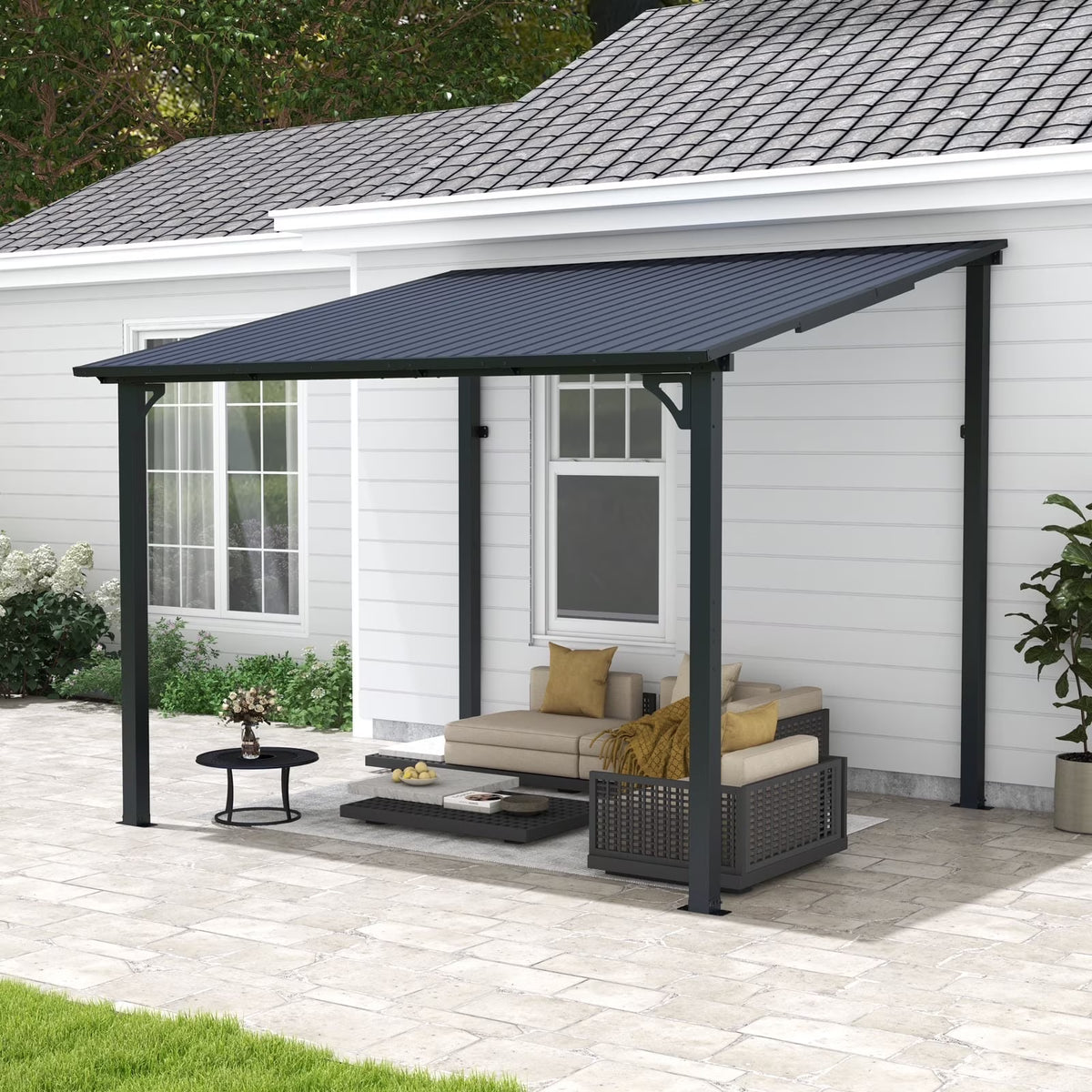 Tonnelle Pergola d'Extérieur 8' x 10', Tonnelles à Auvent Adossé, Pergola en Métal Robuste à Toit Rigide, pour Patio, Jardin, Terrasses, Bord de Piscine