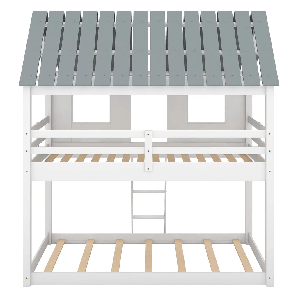 Lit superposé bas Euroco avec deux lits simples, toit et barrière de sécurité pour chambre d’enfant, blanc