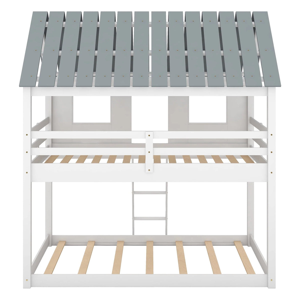 Lit superposé bas Euroco avec deux lits simples, toit et barrière de sécurité pour chambre d’enfant, blanc