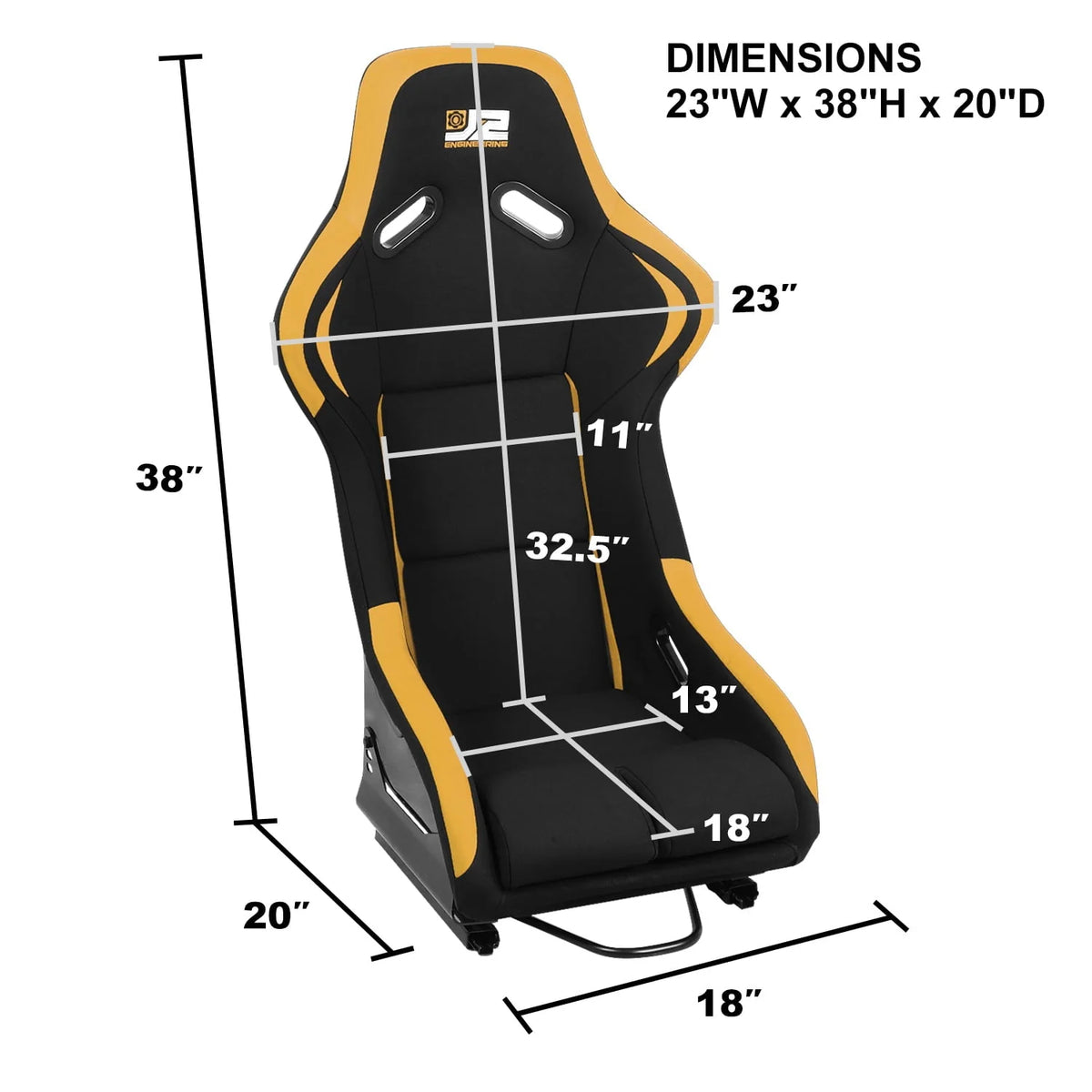 Paire de sièges baquets de course universels J2 Engineering, noirs et jaunes, en fibre de verre, design ergonomique avec supports de montage latéraux