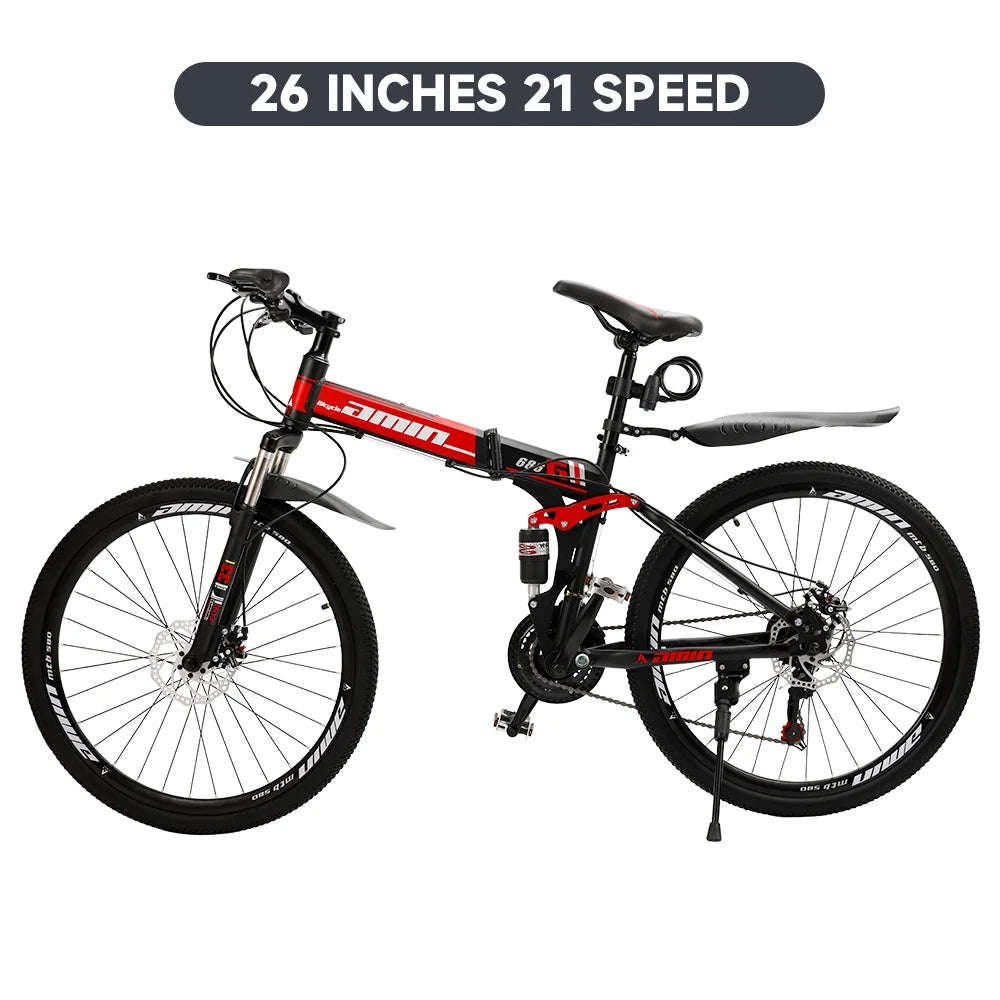 VTT pliant Artudatech 26 pouces Shimano 21 vitesses double frein à disque - Adulte - Rouge