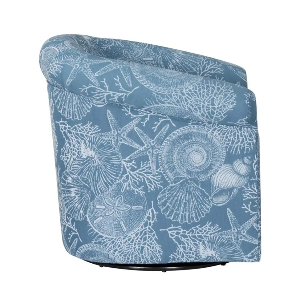 Fauteuil club pivotant entièrement rembourré Linon Rhea, motif coquillages bleus, style côtier