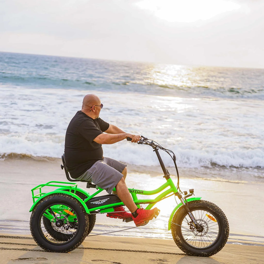 Tricycle électrique semi-allongé Addmotor M-360II, 85 mi, vélo électrique à 3 roues avec pneus larges pour adultes, tricycle électrique 750 W 48 V 20 Ah pour seniors, 20 pouces, avec différentiel de vitesse, vert