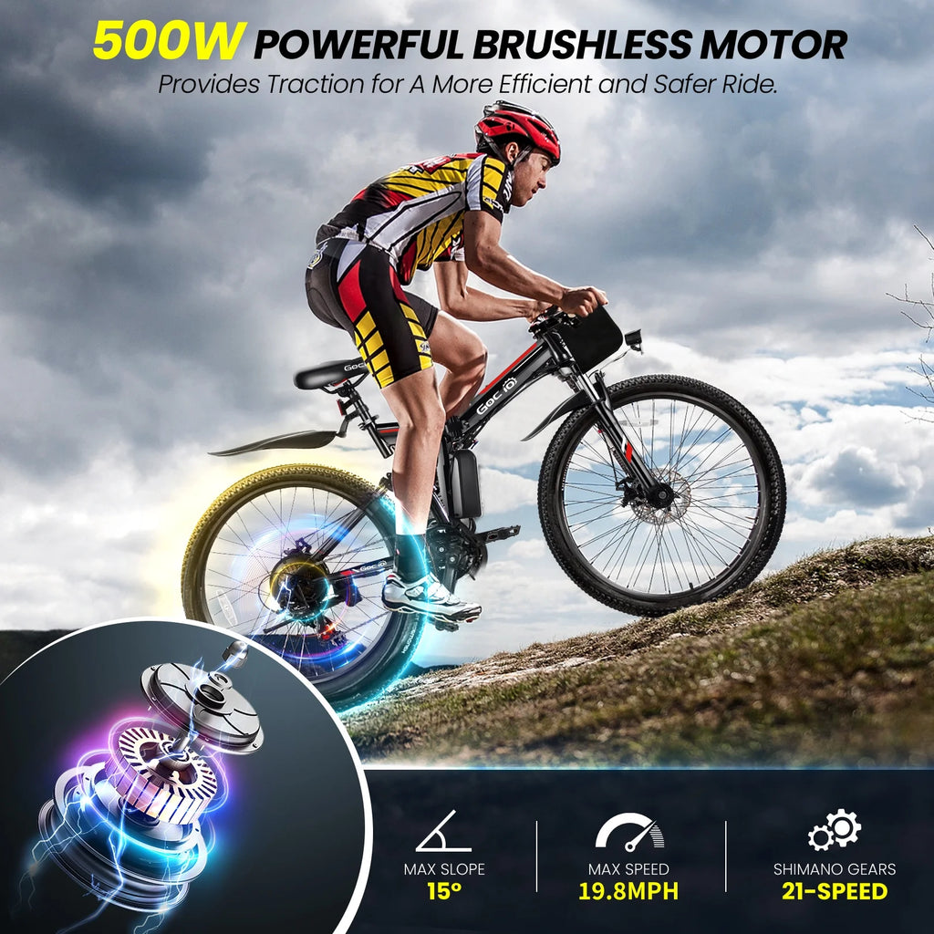 Vélo électrique pliant Gocio 26 pour adultes, VTT électrique 500W, Double amortisseur, Batterie 48V 7,8Ah, Shimano 21 vitesses, UL2849