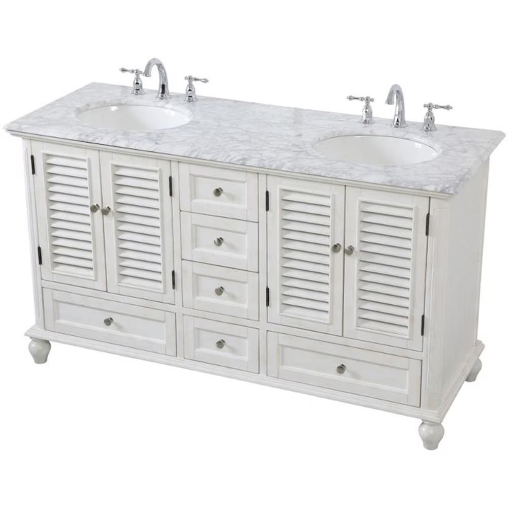 Meuble-lavabo double élégant de 60 pouces pour salle de bain, blanc antique
