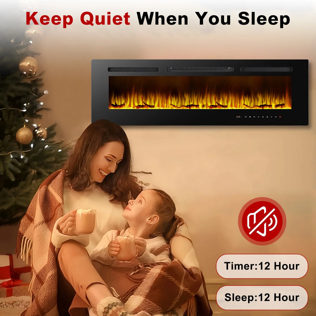 Cheminée électrique 60, cheminée encastrable ultra-fine et murale, cheminée linéaire avec minuterie, télécommande, couleur de flamme réglable, 750 w/1 500 w, noire