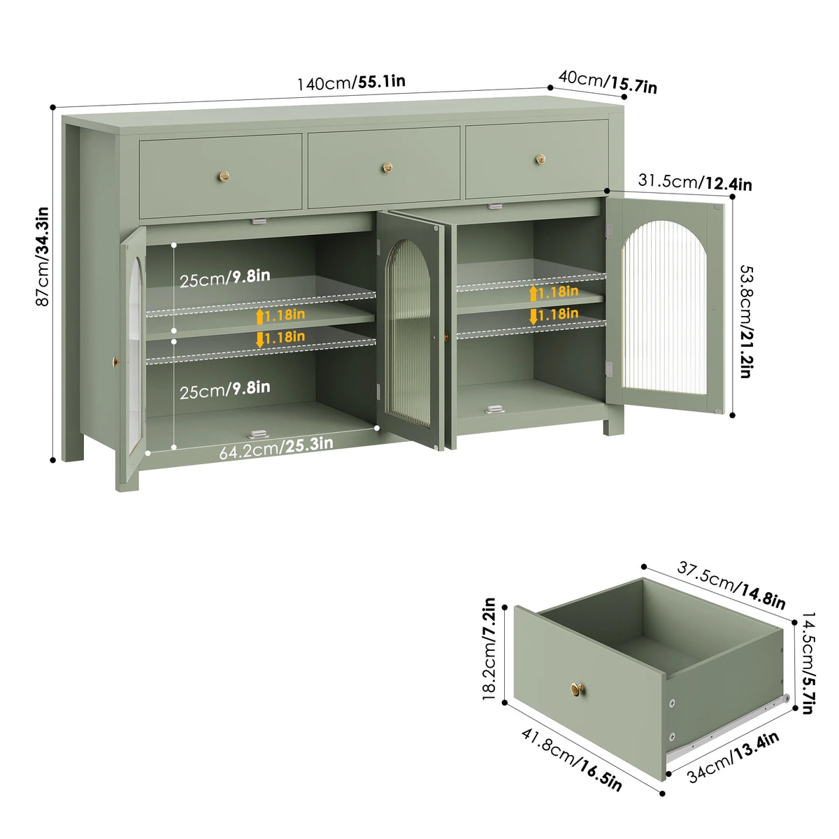 Homfa Grand buffet de 55'', meuble de rangement de cuisine avec 3 tiroirs et 4 portes vitrées, meuble bar en bois pour salon, blanc
