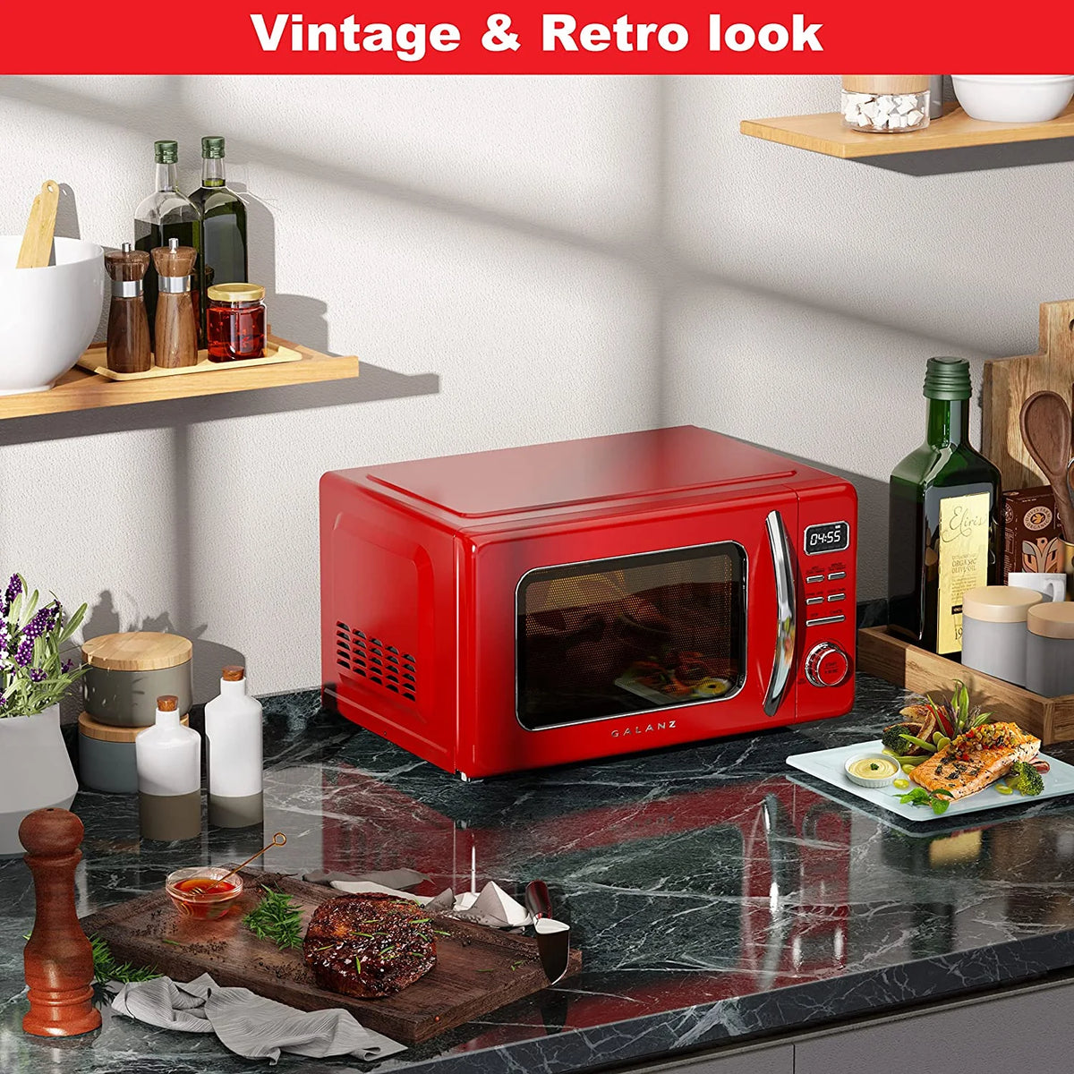 Four à micro-ondes rétro de comptoir Galanz GLCMKZ09RDR09 avec fonctions de cuisson automatique et de réchauffage, décongélation et démarrage rapide, nettoyage facile avec plateau tournant en verre, poignée escamotable, 0,9 pi³, rouge