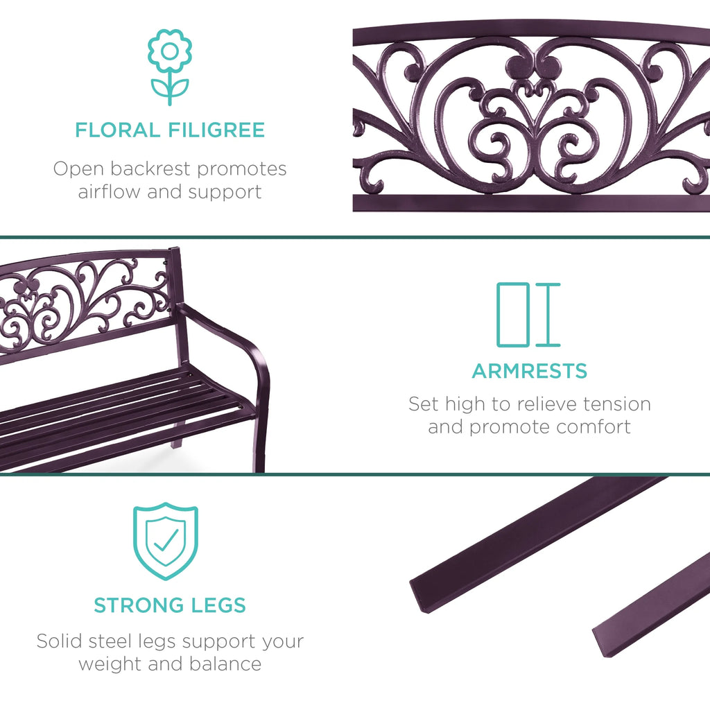 Best Choice Products Banc en Acier d'Extérieur Jardin Patio Porche Meuble avec Dossier à Motif Floral - Noir