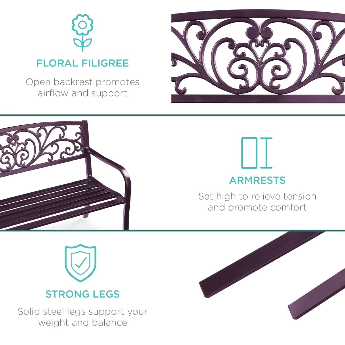 Best Choice Products Banc en Acier d'Extérieur Jardin Patio Porche Meuble avec Dossier à Motif Floral - Noir
