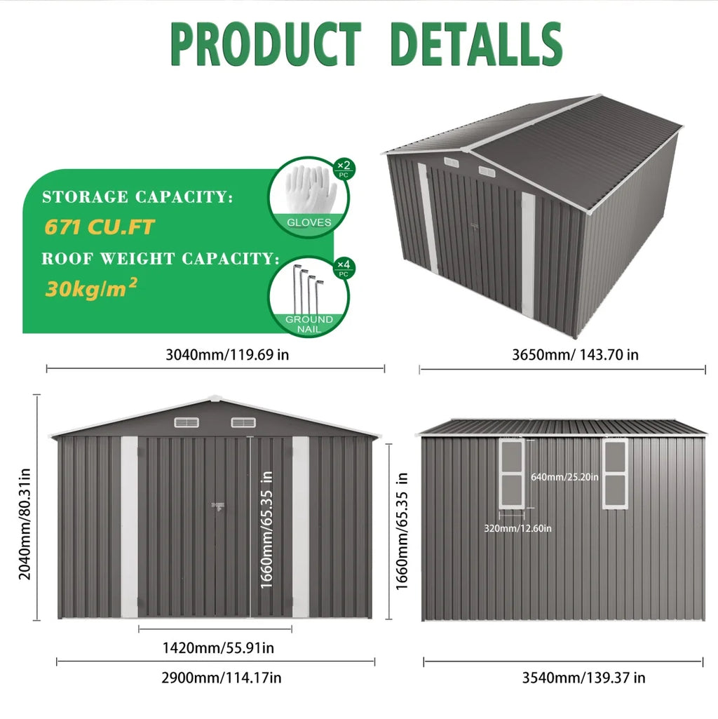 Abri de rangement extérieur 10 x 8 pi, grand abri de rangement en métal, porte verrouillable et grille d’aération, fenêtre transparente, abri pour outils de jardin, vélos, tondeuses à gazon, cours arrière, terrasses et pelouses – gris