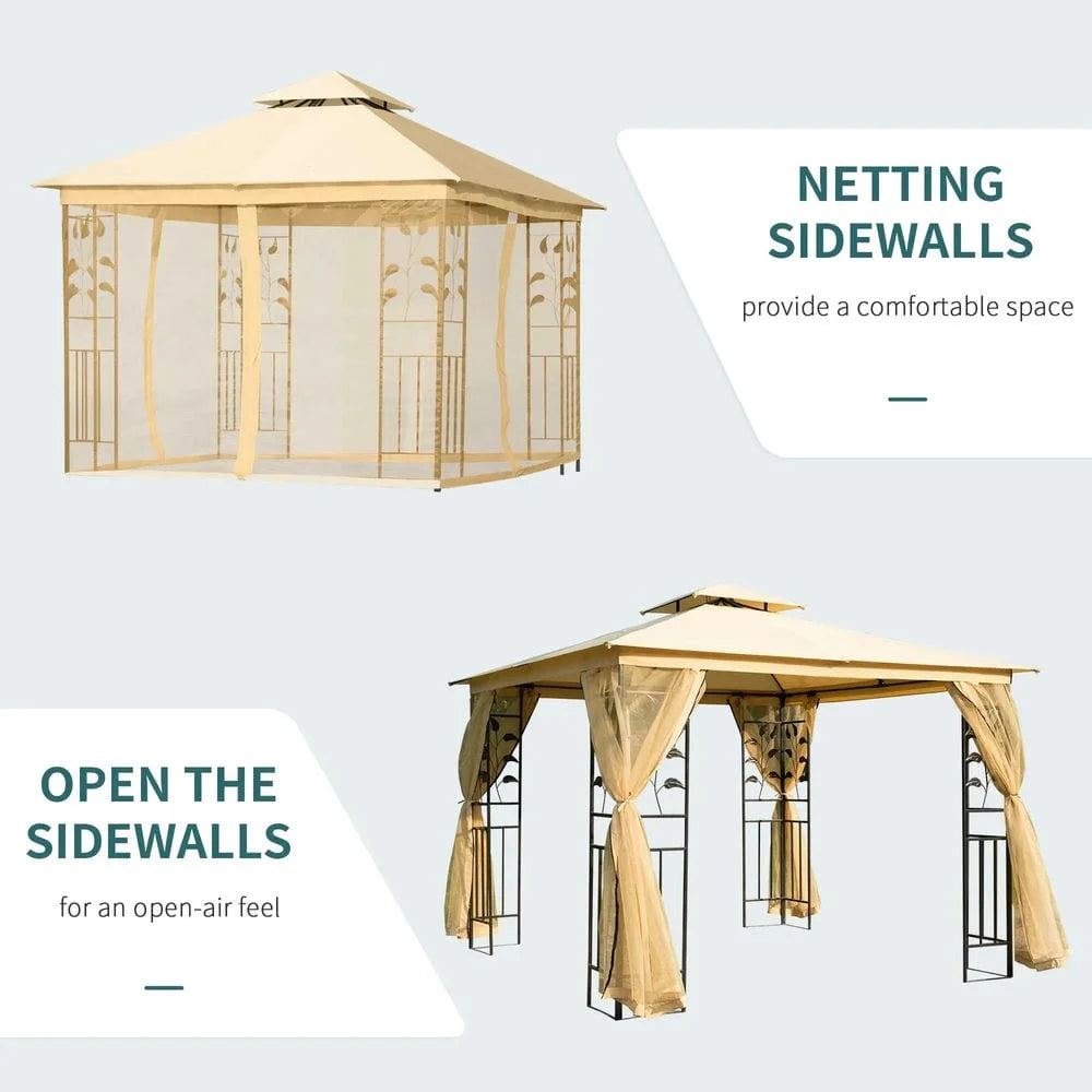 GVN Pergola de jardin pour terrasse, Auvent de pergola, Abri de jardin extérieur avec double toit de 10' x 10' et filet, Beige