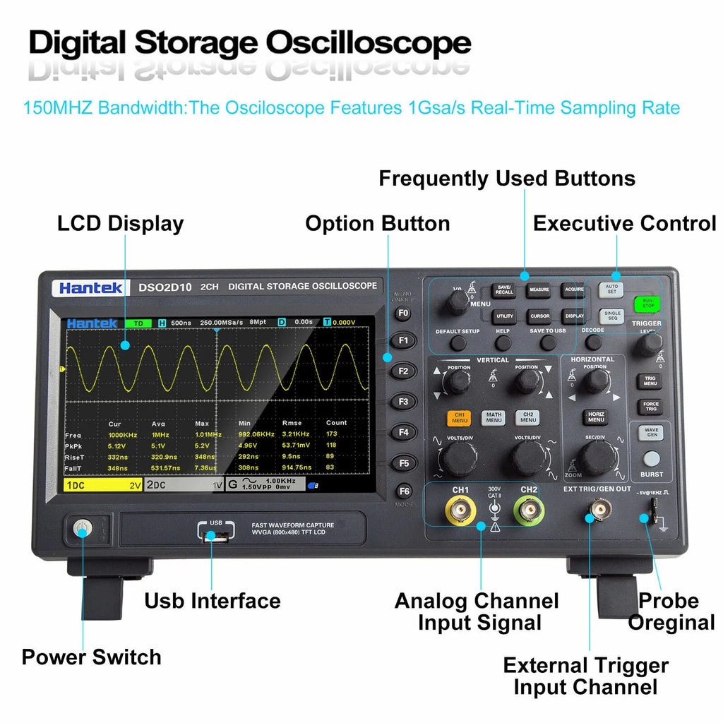 Oscilloscope numérique de stockage Hantek 1 GSa/s 8 M DSO2C10 DSO2C15 DSO2D10 DSO2D15
