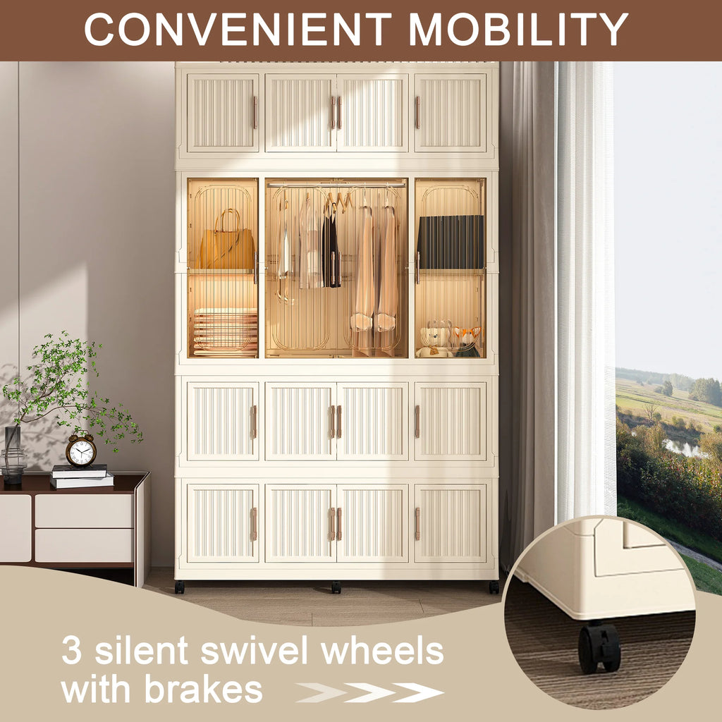 Penderie portable pour enfants Montary avec portes magnétiques et tringle – Meuble de rangement en plastique à 4 casiers pour chambre d'enfant