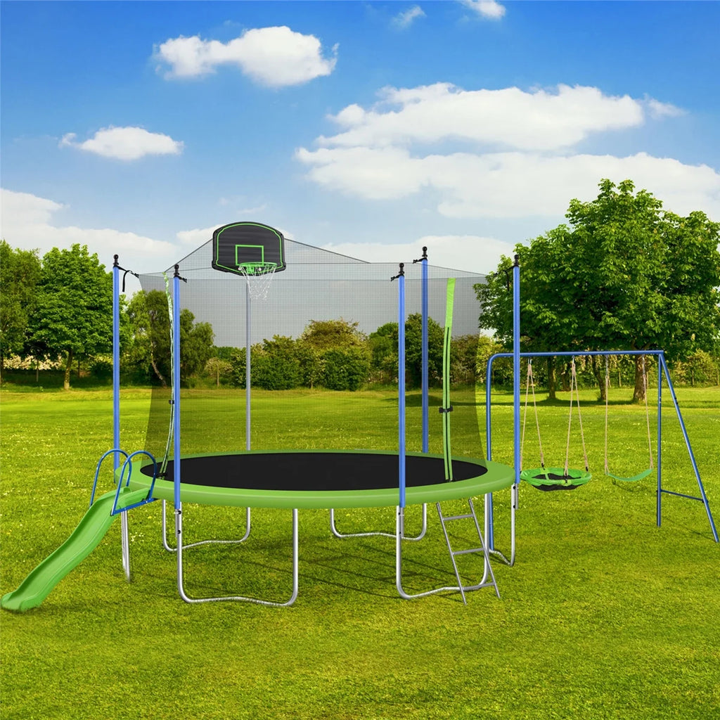 Trampoline de 12 pieds pour enfants et adultes, trampoline de loisir avec toboggan, balançoire, panier de basket et filet de protection, capacité de 600 lb pour 4 à 5 enfants