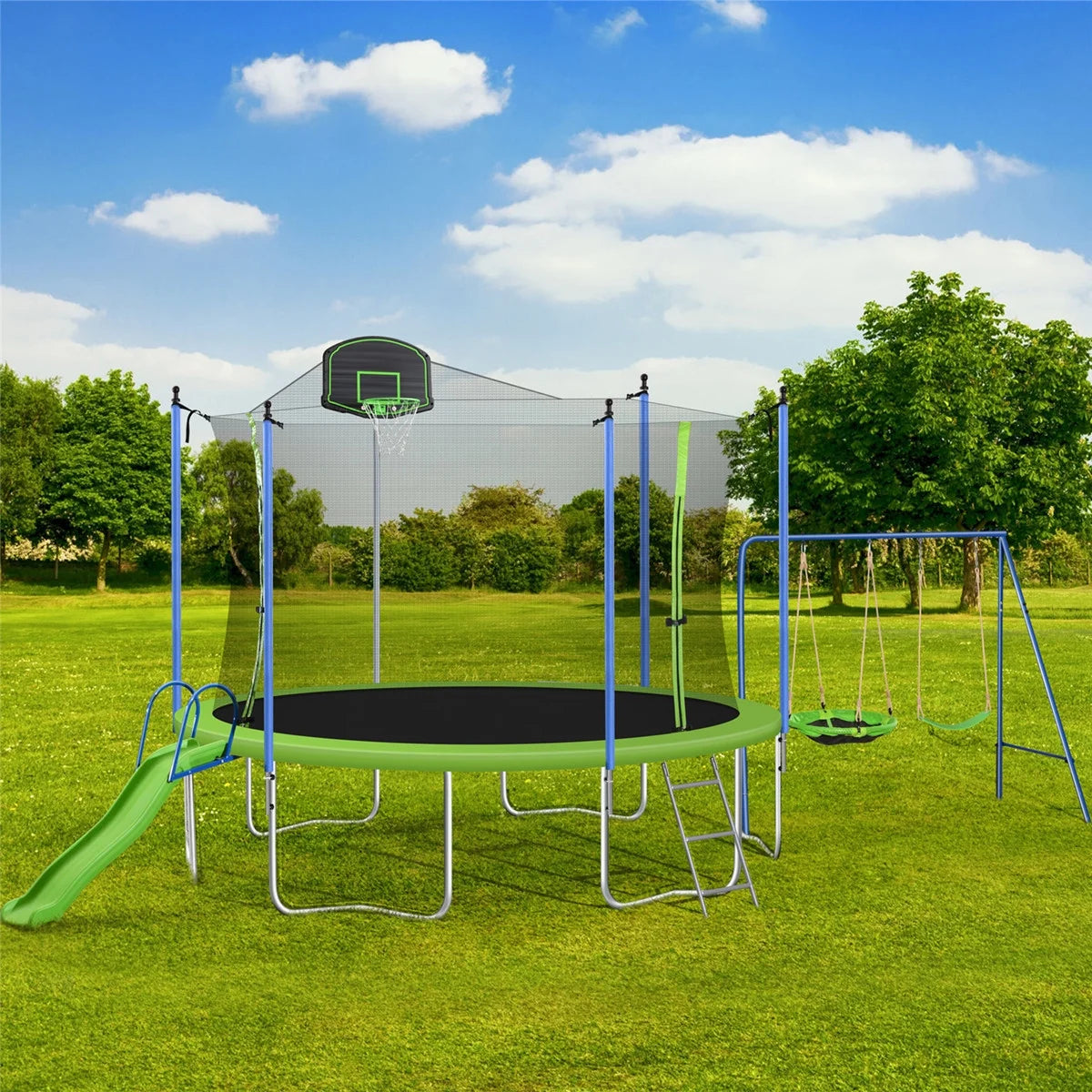 Trampoline de 12 pieds pour enfants et adultes, trampoline de loisir avec toboggan, balançoire, panier de basket et filet de protection, capacité de 600 lb pour 4 à 5 enfants
