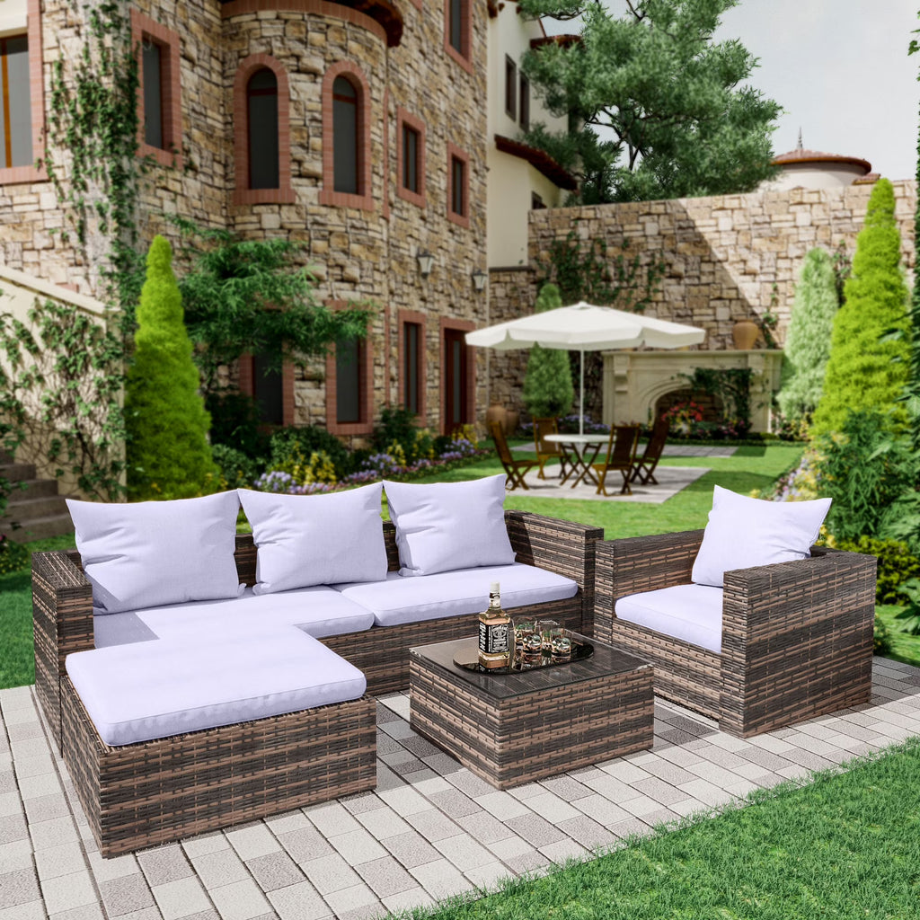 Ensemble de canapés de jardin en rotin, 4 pièces, salon d’angle d’extérieur en résine tressée PE résistante aux intempéries, ensemble de conversation avec coussins et table en verre pour terrasse, jardin, bord de piscine ou deck