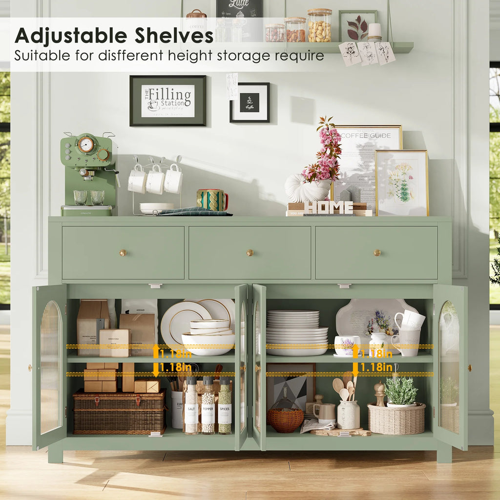 Homfa Grand buffet de 55'', meuble de rangement de cuisine avec 3 tiroirs et 4 portes vitrées, meuble bar en bois pour salon, blanc