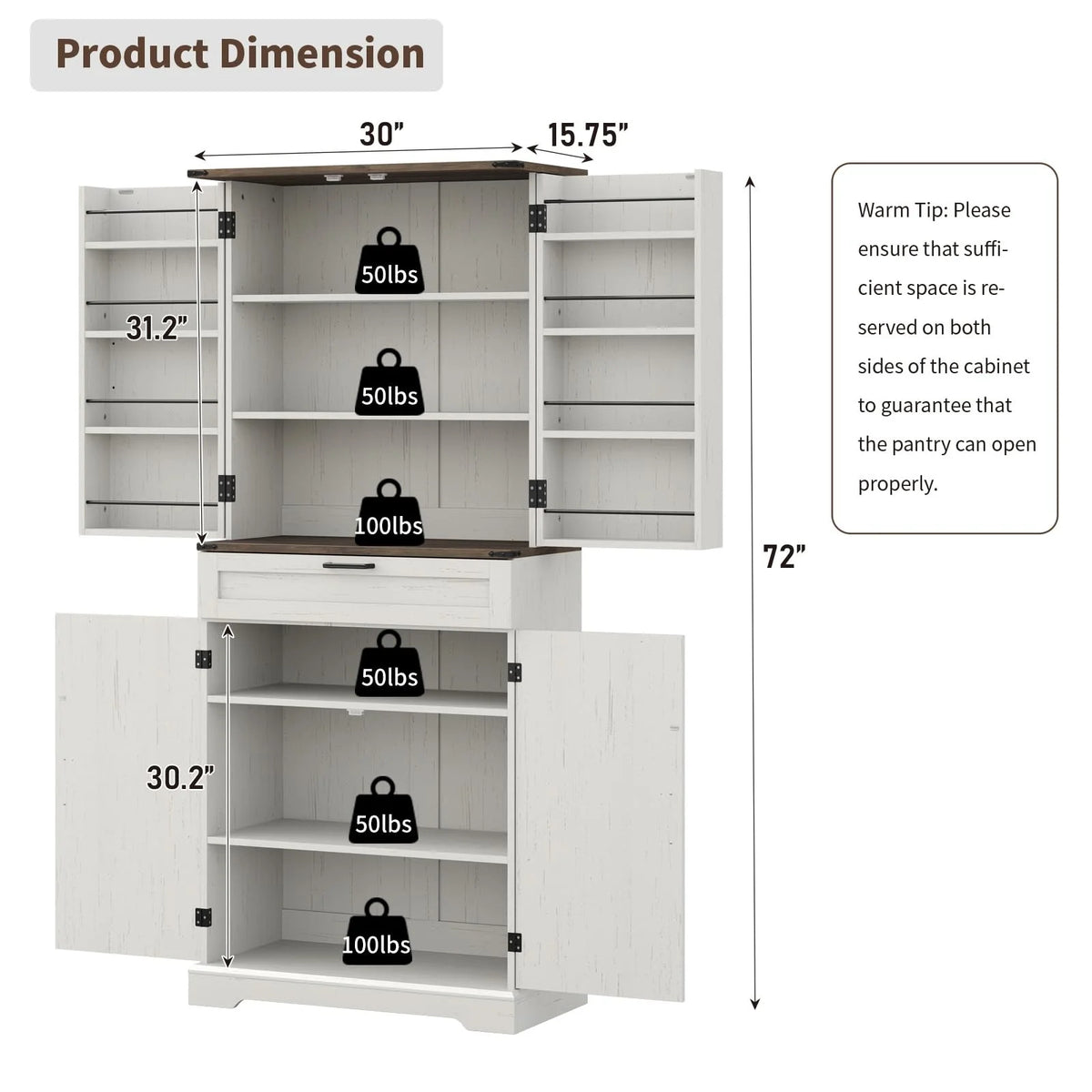 FUSOU Armoire de rangement de cuisine 72'', Armoire haute avec 8 étagères de porte, 2 placards et 1 tiroir, Meuble autoportant pour cuisine, salle à manger, salle de bain, buanderie