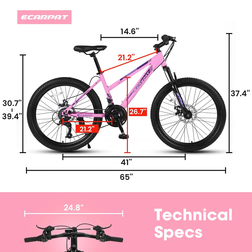 Vélo tout-terrain Ecarpat 26 pouces pour adultes et femmes, freins à disque doubles Shimano, 21 vitesses, suspension intégrale, pour trajets quotidiens et sport en plein air, plusieurs coloris