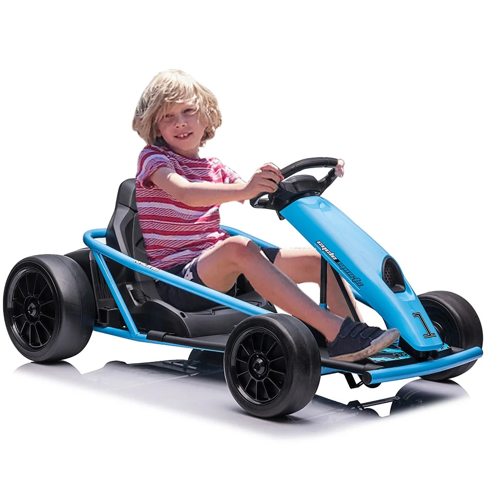 Kart Simzone pour enfants, batterie 24 V, 2 moteurs de 300 W, pédalage au pied, vitesse de 8 mi/h, voiture de dérapage à grande vitesse avec démarrage progressif, musique, pneus robustes et résistants, bleu
