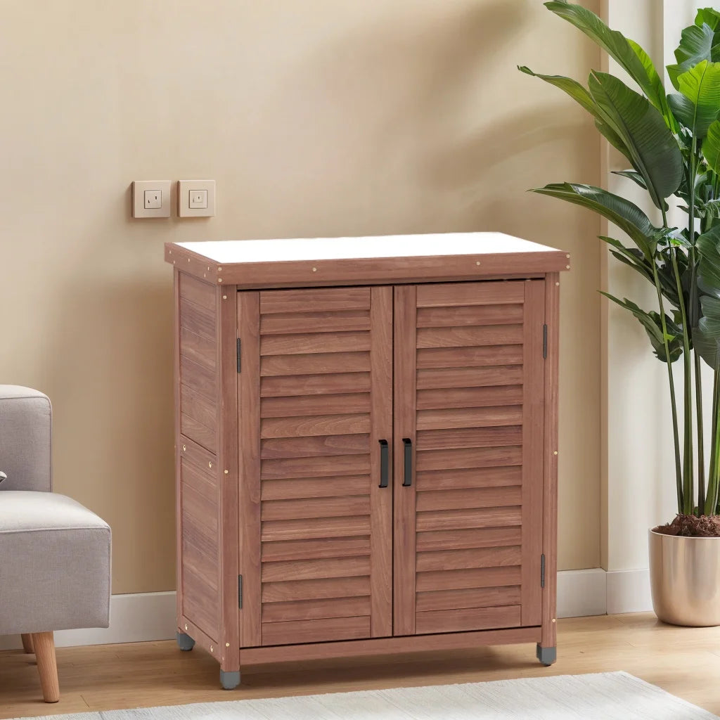 Armoire de rangement en bois d’extérieur et table de rempotage Funnil, mobilier de patio en bois résistant aux intempéries, poste de travail de jardin