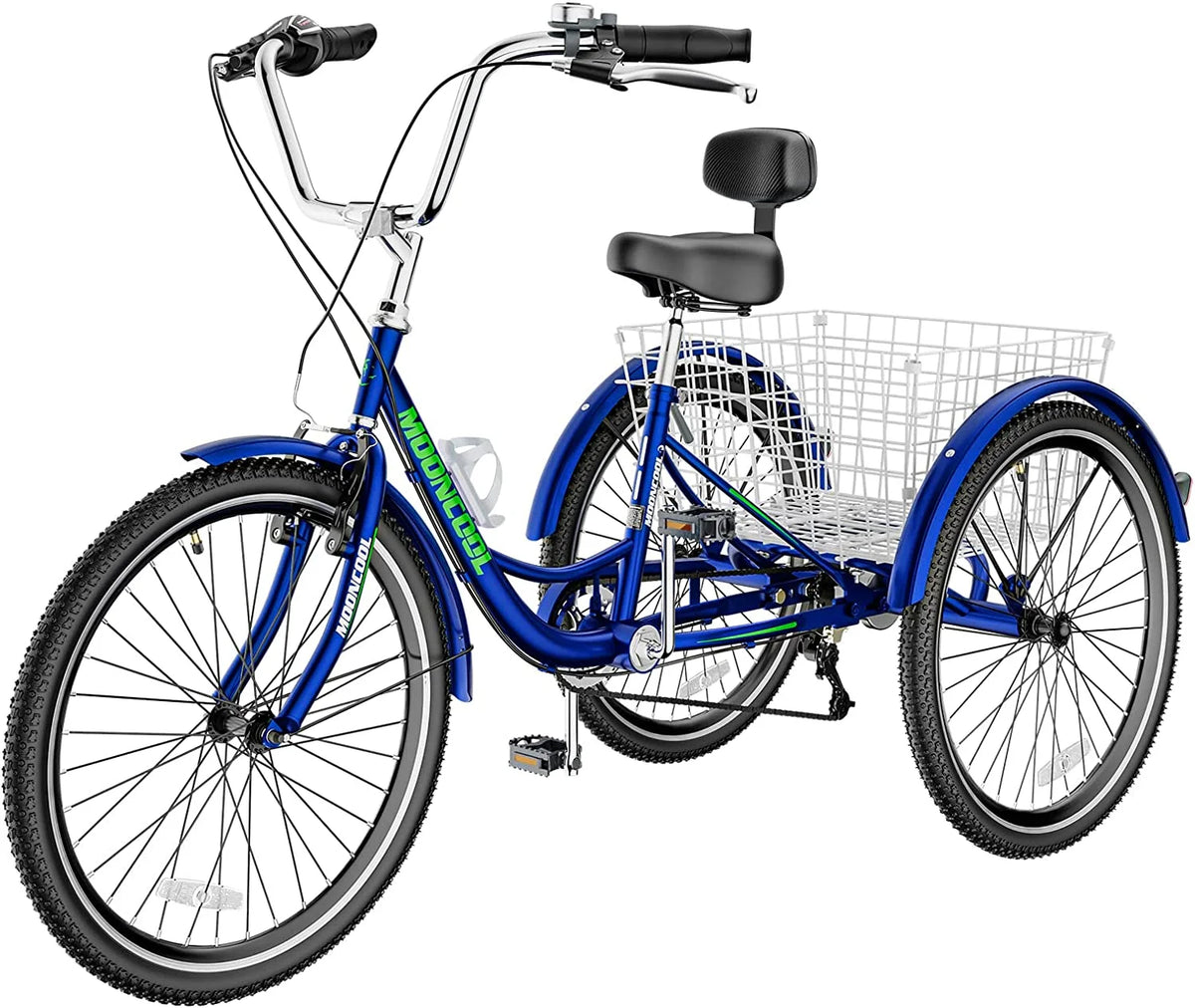 Tricycles pour adultes MOONCOOL avec panier arrière et pompe à pied, vélos à 3 roues 7 vitesses de 24 et 26 pouces, vélo à trois roues pour adultes avec dossier pour seniors, femmes et hommes