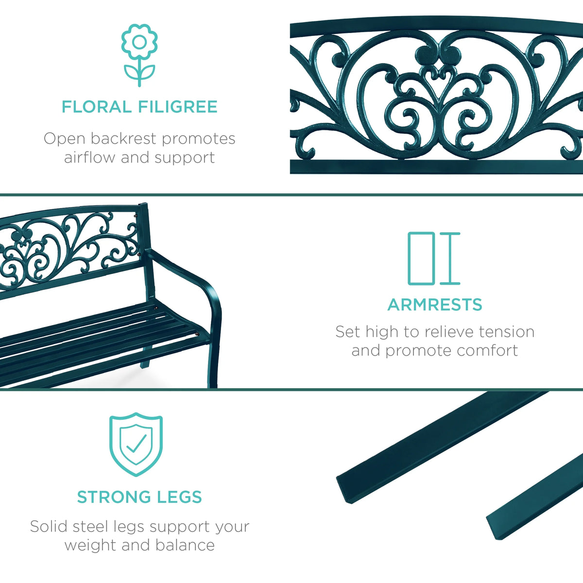 Best Choice Products Banc en Acier d'Extérieur Jardin Patio Porche Meuble avec Dossier à Motif Floral - Noir
